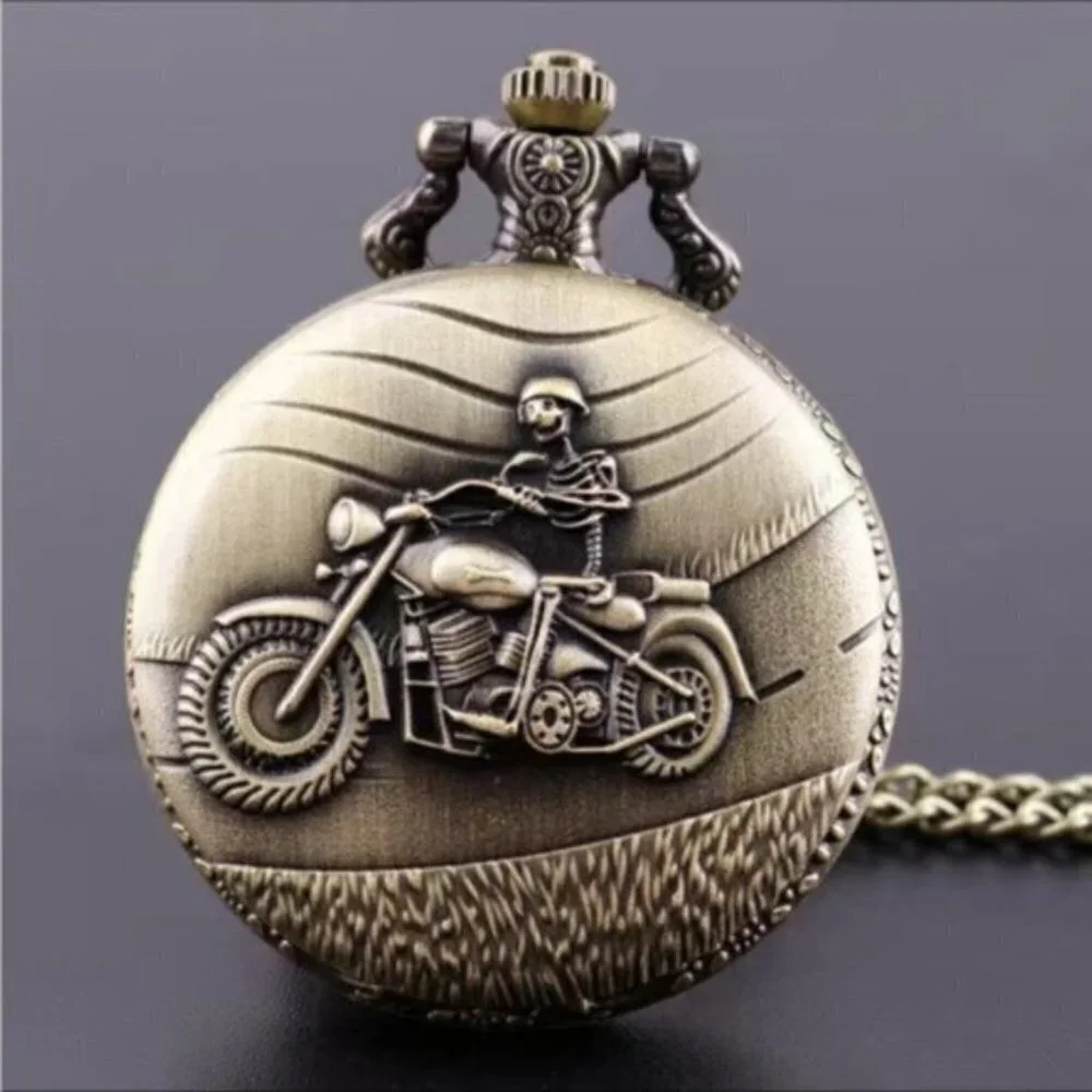 Pocket Watch Motorcycle Skeleton Biker Steampunk Chain Quartz Analog Retro Gift